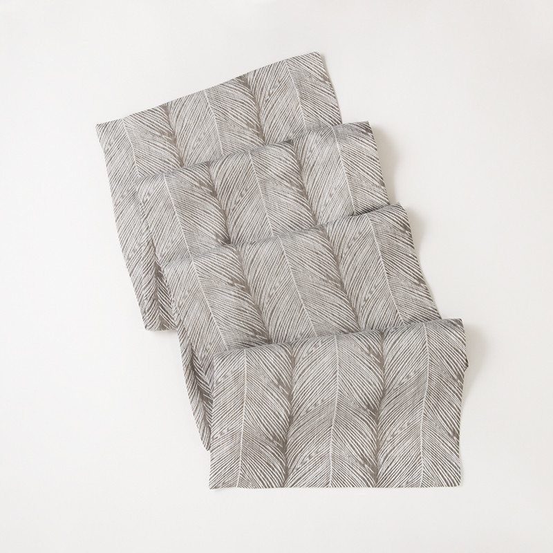 Saba Runner Textiles The Storied Table Saba Light Gray Linen Feather Patterned Table Runner