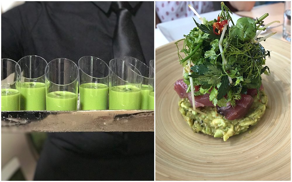 Collage photo of green juice in glasses on the left and a green-herb-heavy entree on the right