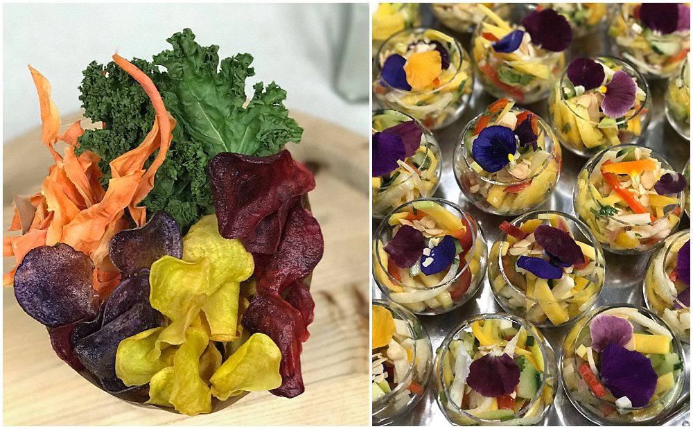 Photo collage with purple yellow and red vegetable chips on the left and desert fruit cups garnished with pink and purple edible flowers