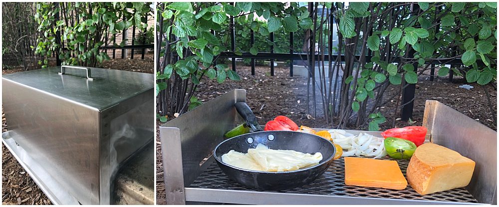 Stainless steel smoker with cheese, butter and tomatoes smoking outside