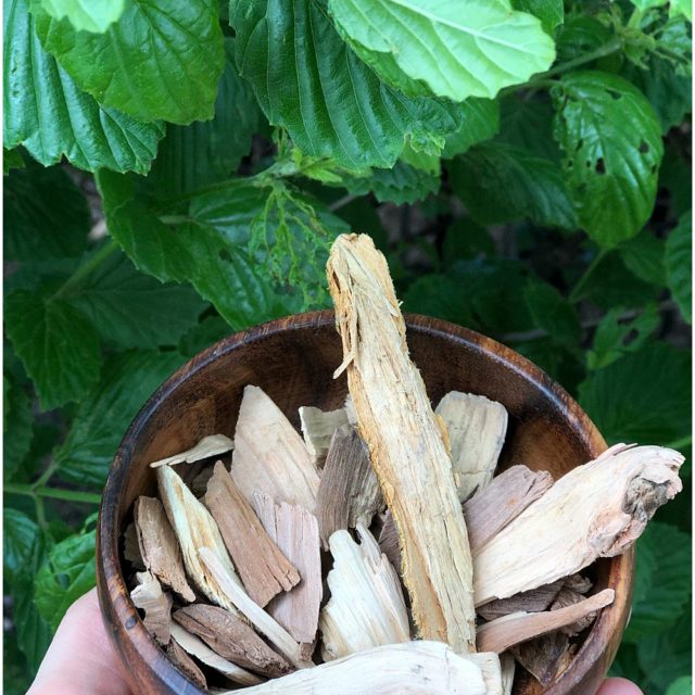 Wood chips in a small wooden bowl